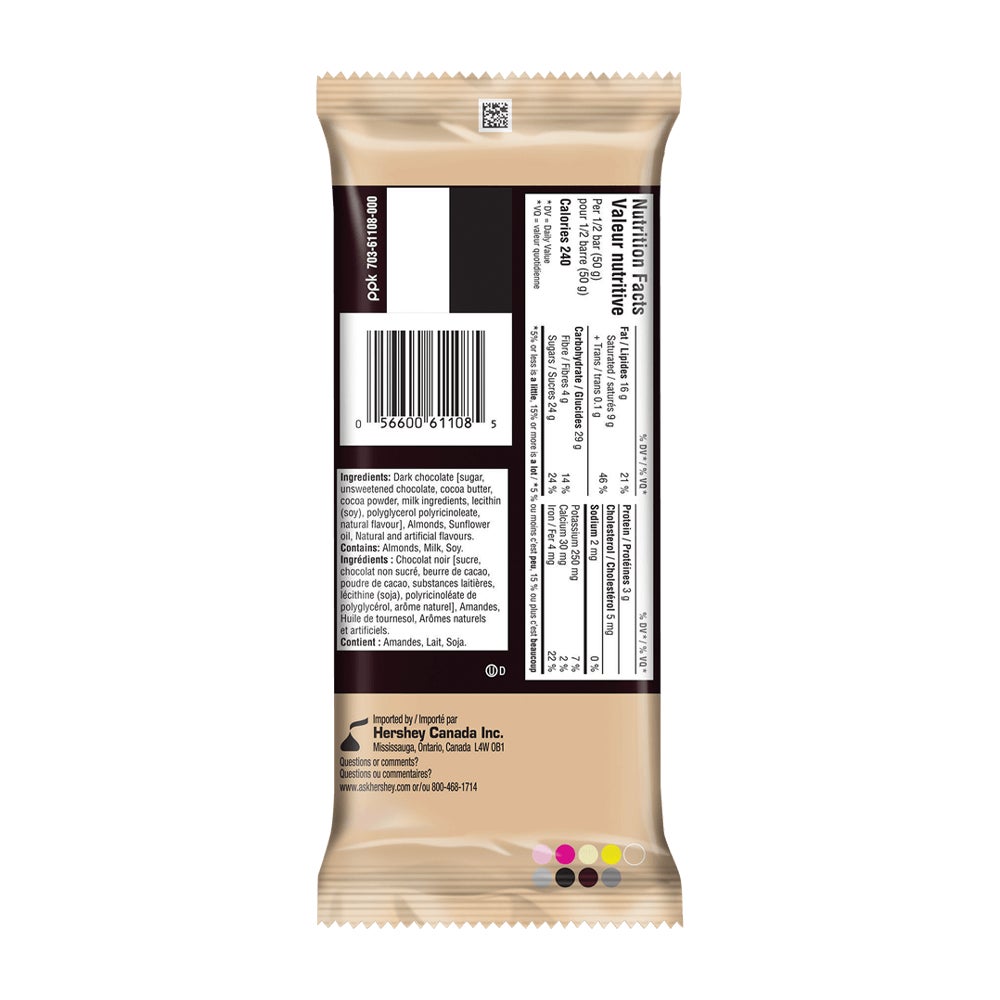 HERSHEY'S DARK Almonds & Coffee Flavour Candy Bar, 100g - Back of Package