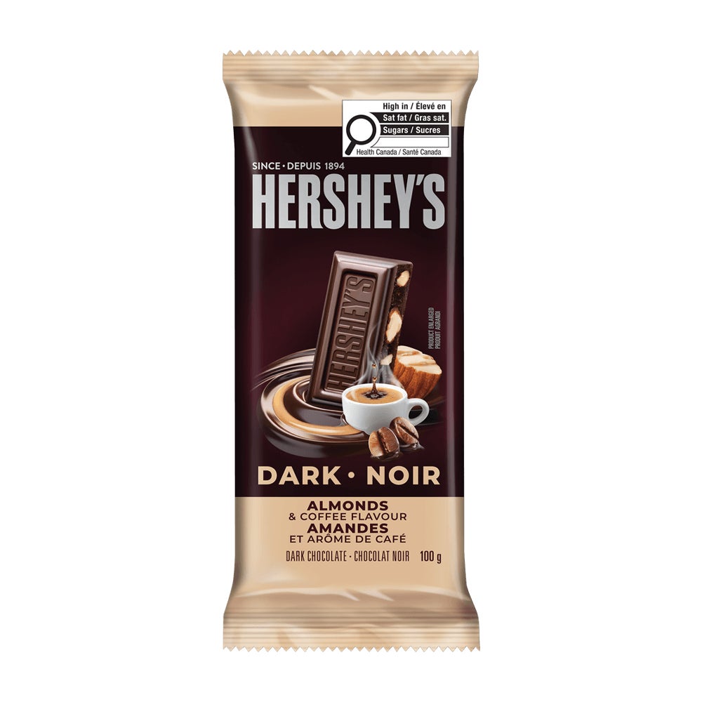 HERSHEY'S DARK Almonds & Coffee Flavour Candy Bar, 100g - Front of Package