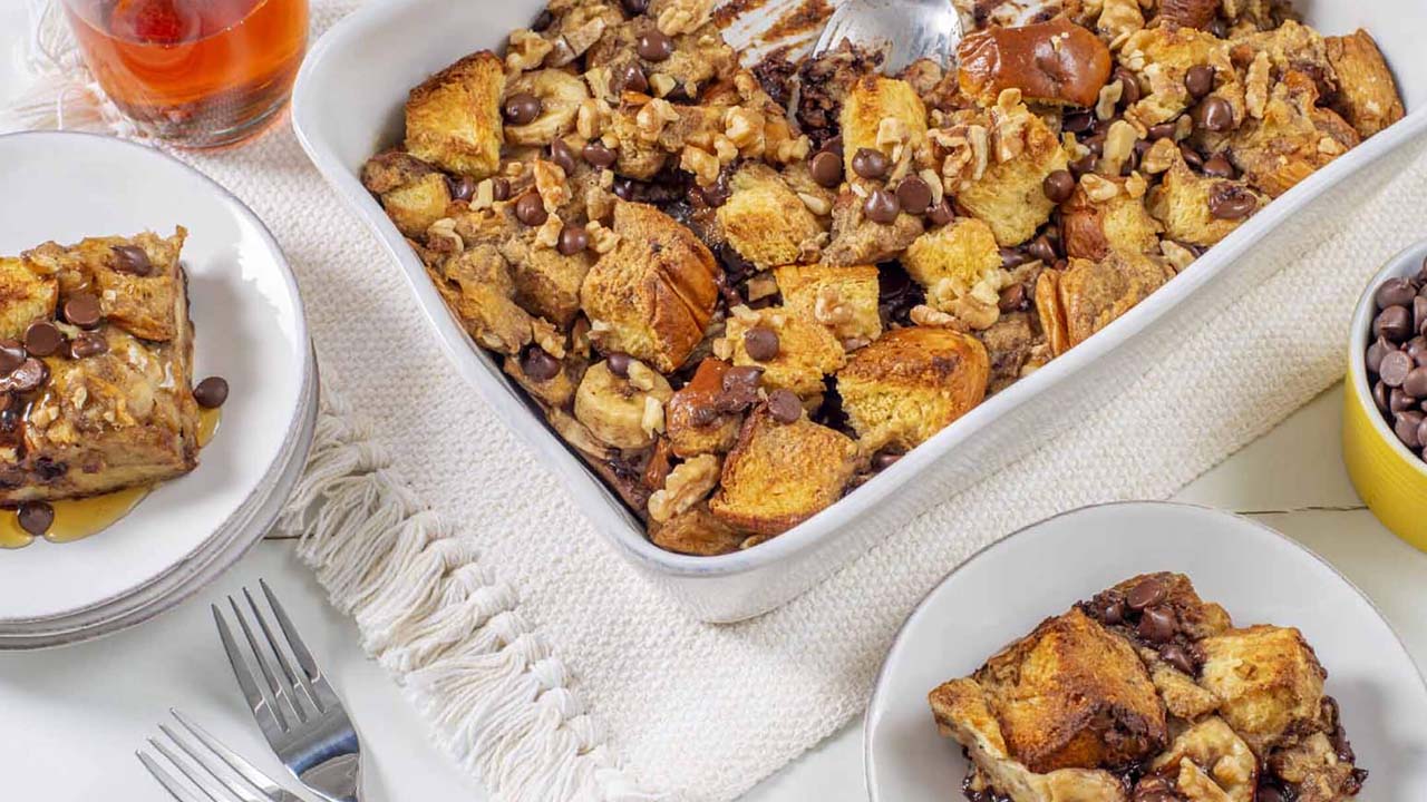 serving tray of freshly made chocolate chip banana bread french toast