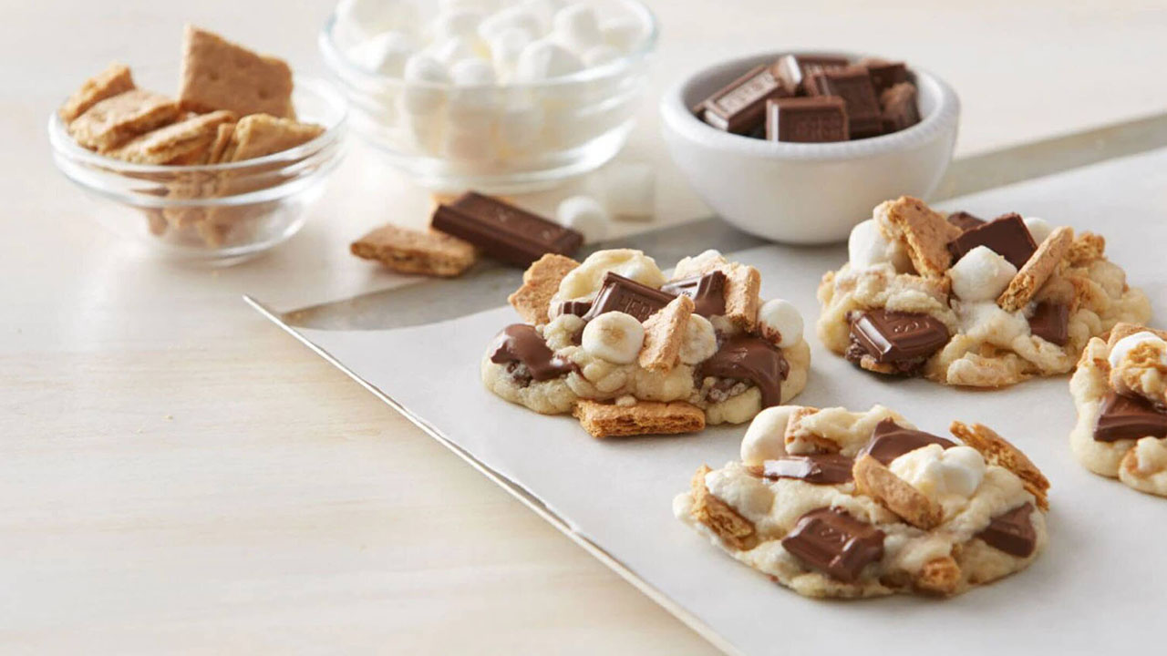 tray of hersheys smores cookie drops on top of parchment paper