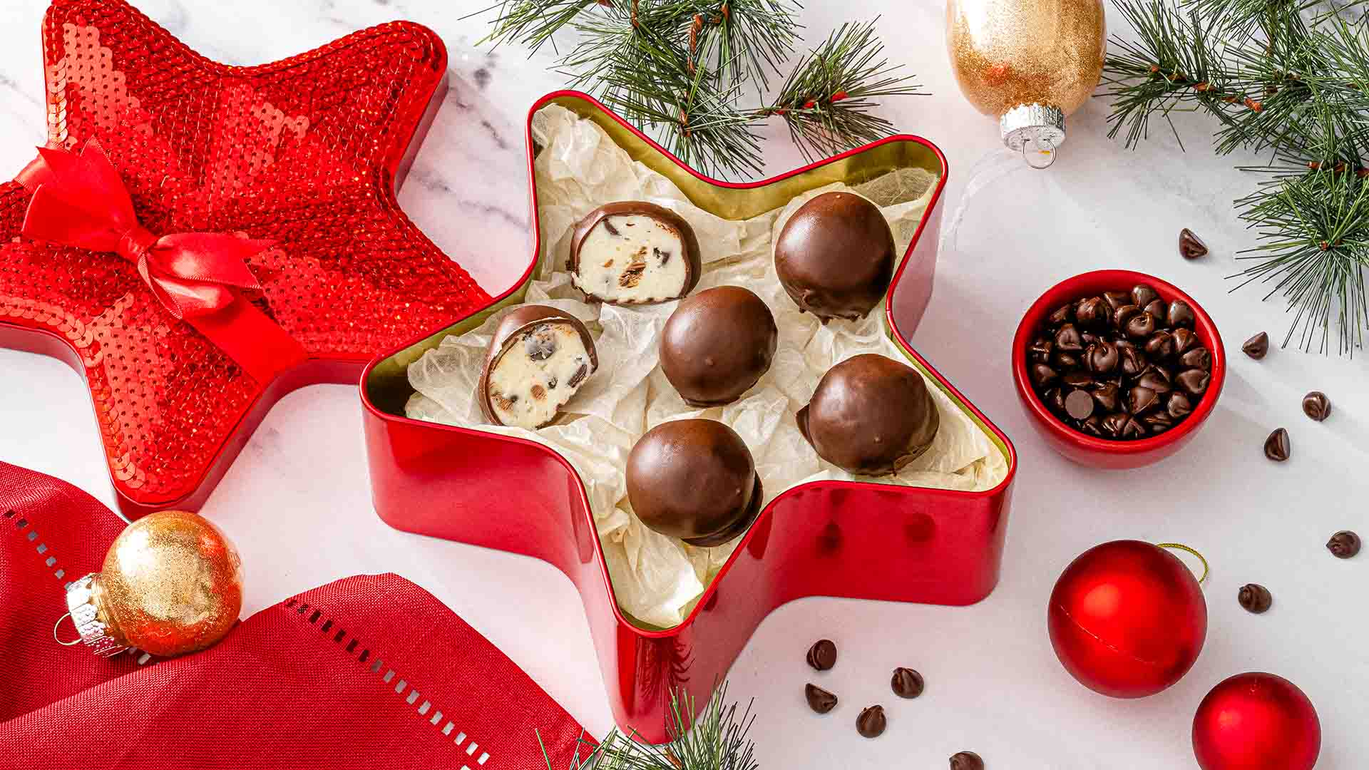 red star shaped tin filled with mint chocolate chip truffles