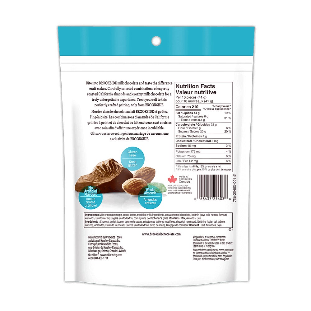 Amandes entières dans du chocolat au lait BROOKSIDE, sac de 210 g - Dos de l’emballage