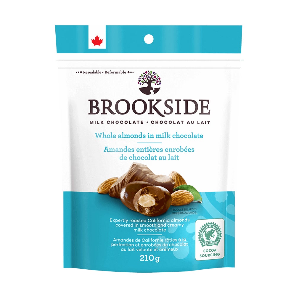 Amandes entières dans du chocolat au lait BROOKSIDE, sac de 210 g - Devant de l’emballage