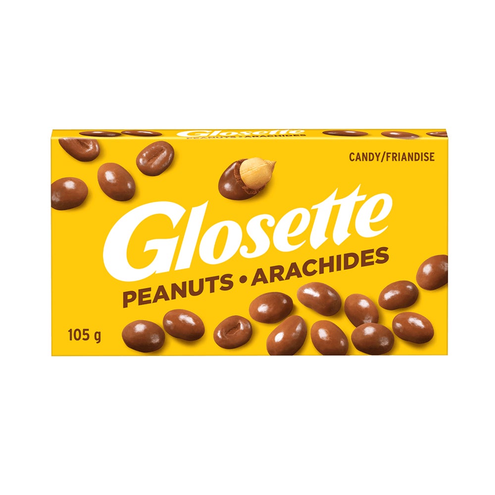 Friandises aux arachides dans un enrobage chocolaté GLOSETTE, boîte de 105 g - Devant de l’emballage