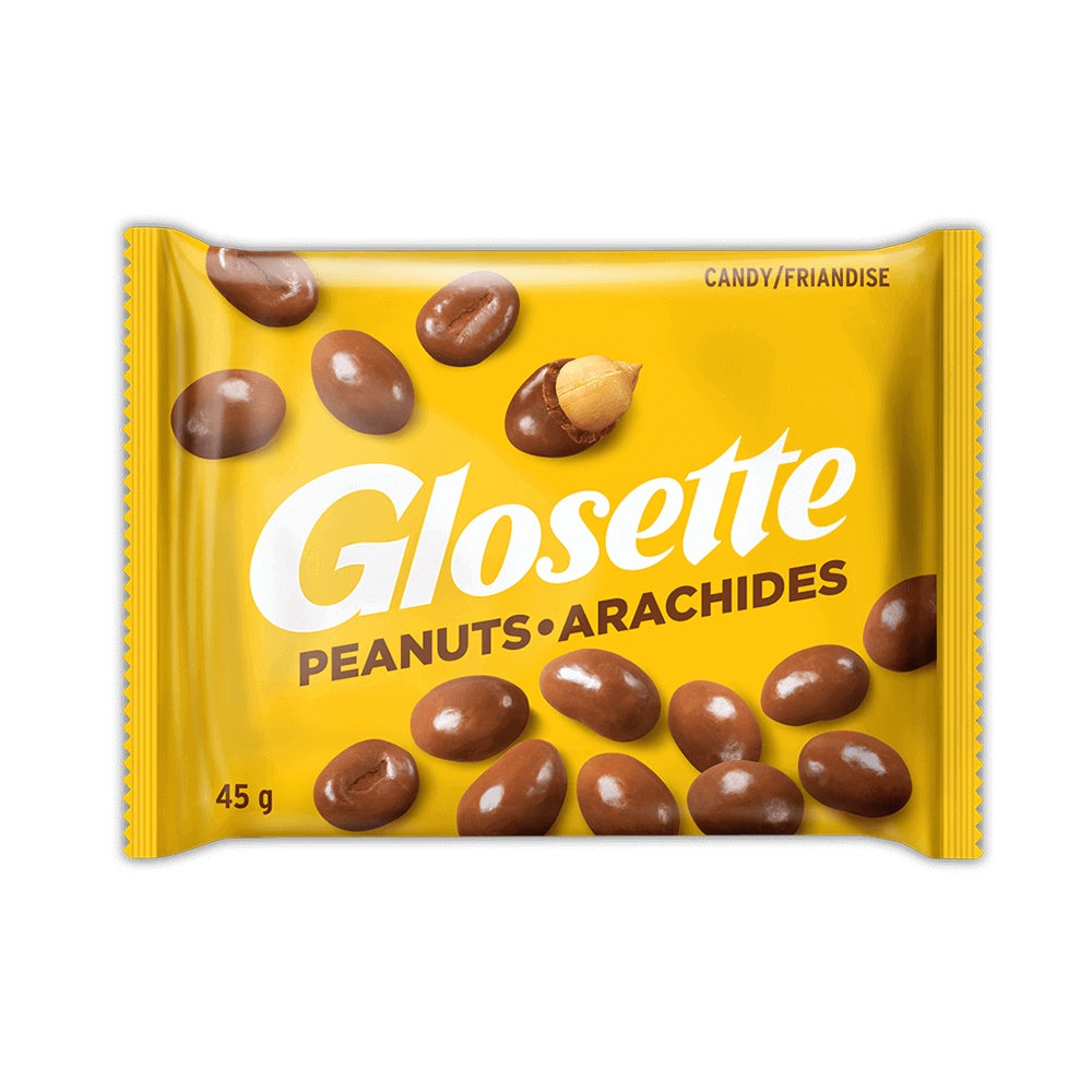 Friandises aux arachides dans un enrobage chocolaté GLOSETTE, sac de 45 g - Devant de l’emballage