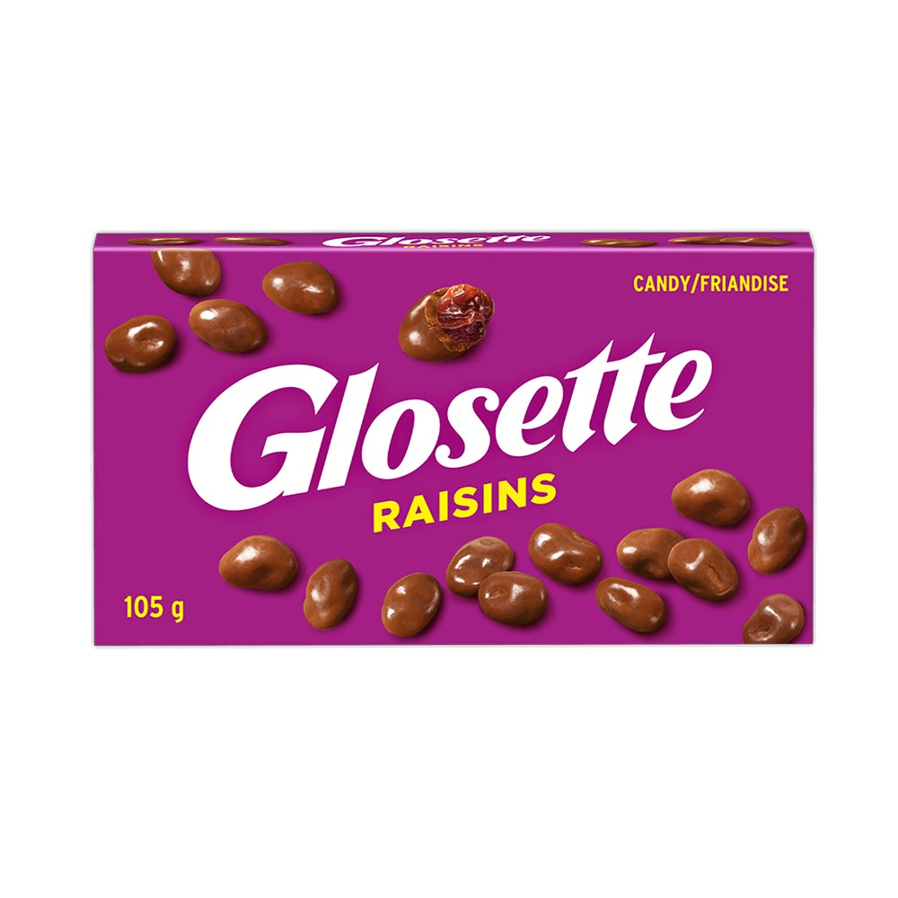 Friandises aux raisins dans un enrobage chocolaté GLOSETTE, boîte de 105 g - Devant de l’emballage