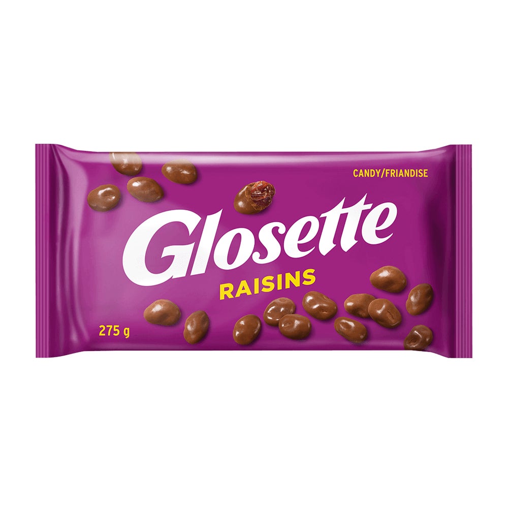 Friandises aux raisins dans un enrobage chocolaté GLOSETTE, sac de 275 g - Devant de l’emballage