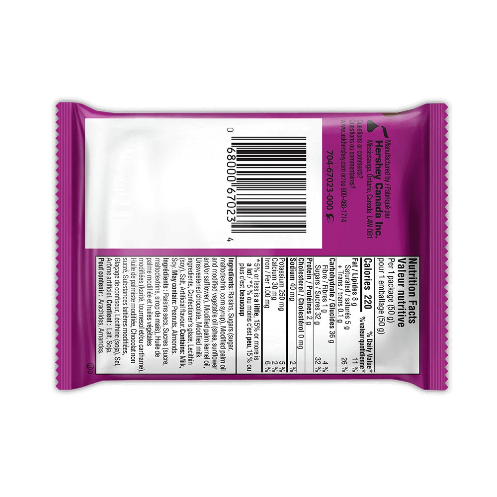 Friandises aux raisins dans un enrobage chocolaté GLOSETTE, sac de 50 g - Dos de l’emballage