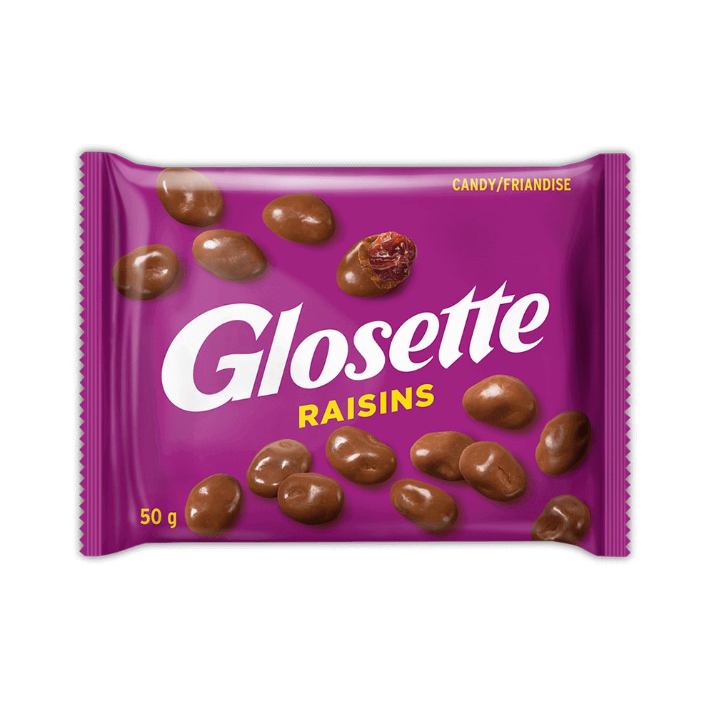 Friandises aux raisins dans un enrobage chocolaté GLOSETTE, sac de 50 g - Devant de l’emballage