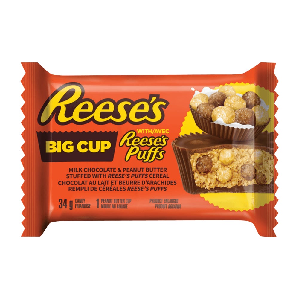 Grand format REESE'S BIG CUP avec REESE'S PUFFS chocolat au lait et beurre d'arachides, 34 g - Devant de l’emballage