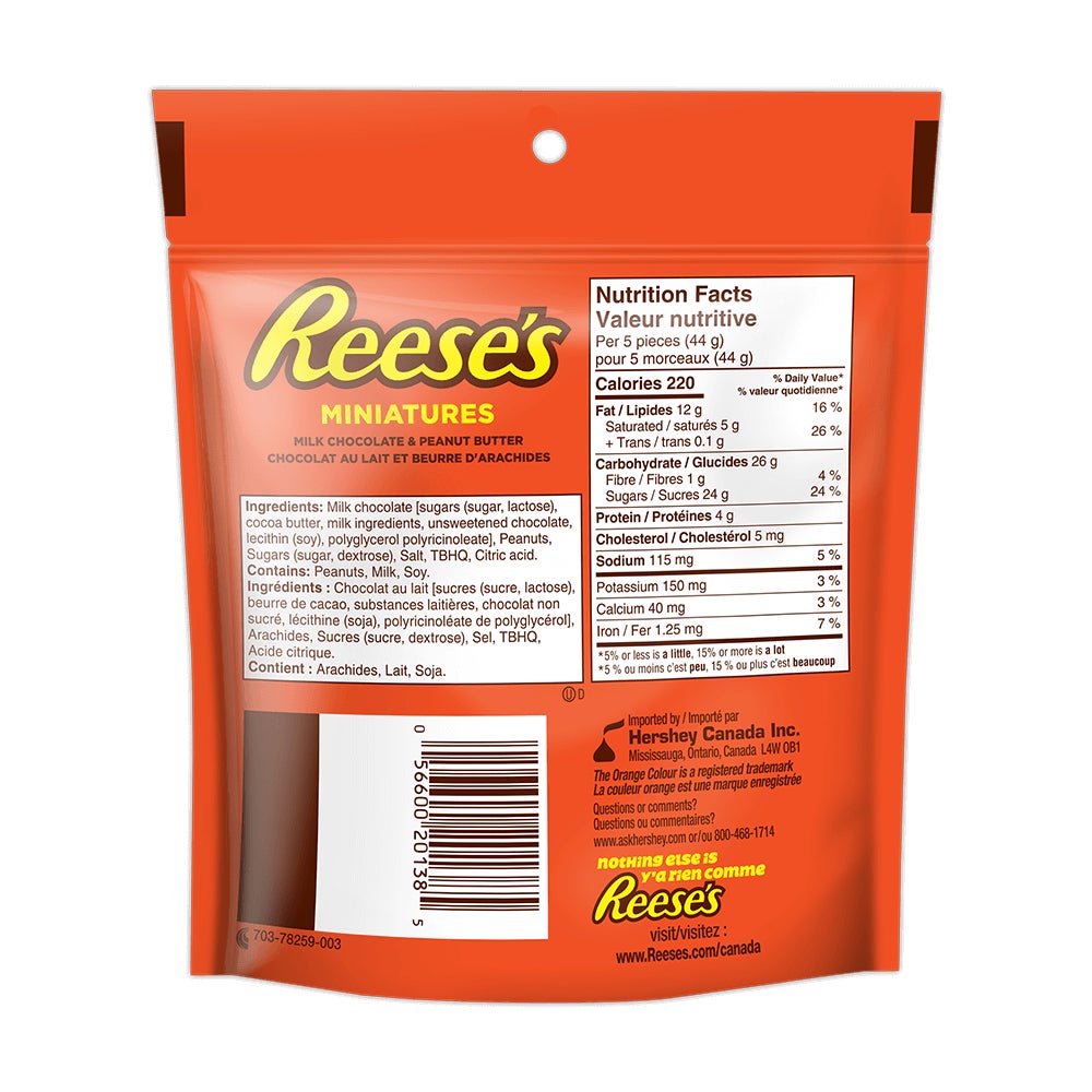 Moules au beurre d'arachides et chocolat au lait REESE'S MINIATURES, sac de 230 g - Dos de l’emballage