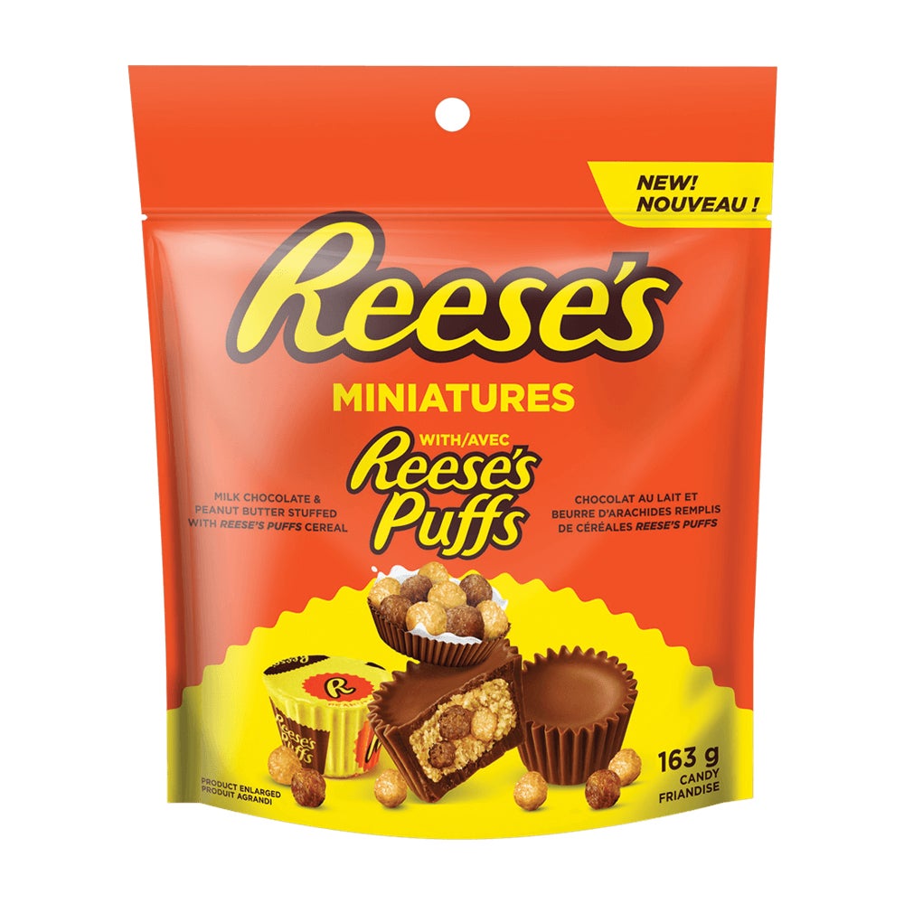 REESE'S miniatures avec REESE'S PUFFS chocolat au lait et beurre d'arachides, sac de 163 g - Devant de l’emballage